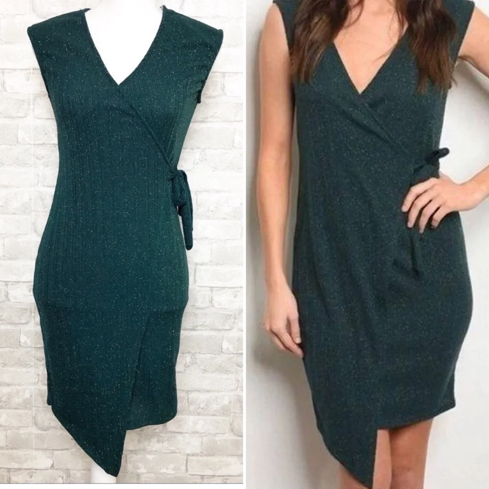 Green Glittery V-Neck Sleeveless Fitted Mini Dress Medium - Picture 2 of 11
